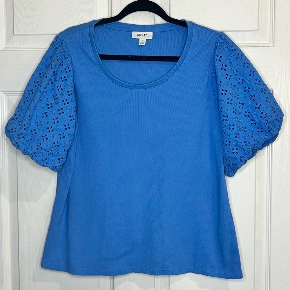 ON 34TH Women’s Eyelet Elbow-Sleeve Top - Size 1x - Blue